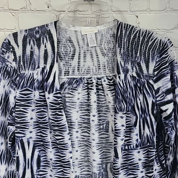 Chico's Navy Tie Dye Shimmer Linen Open Front Cardigan Lightweight Knit Sweater - Picture 2 of 9